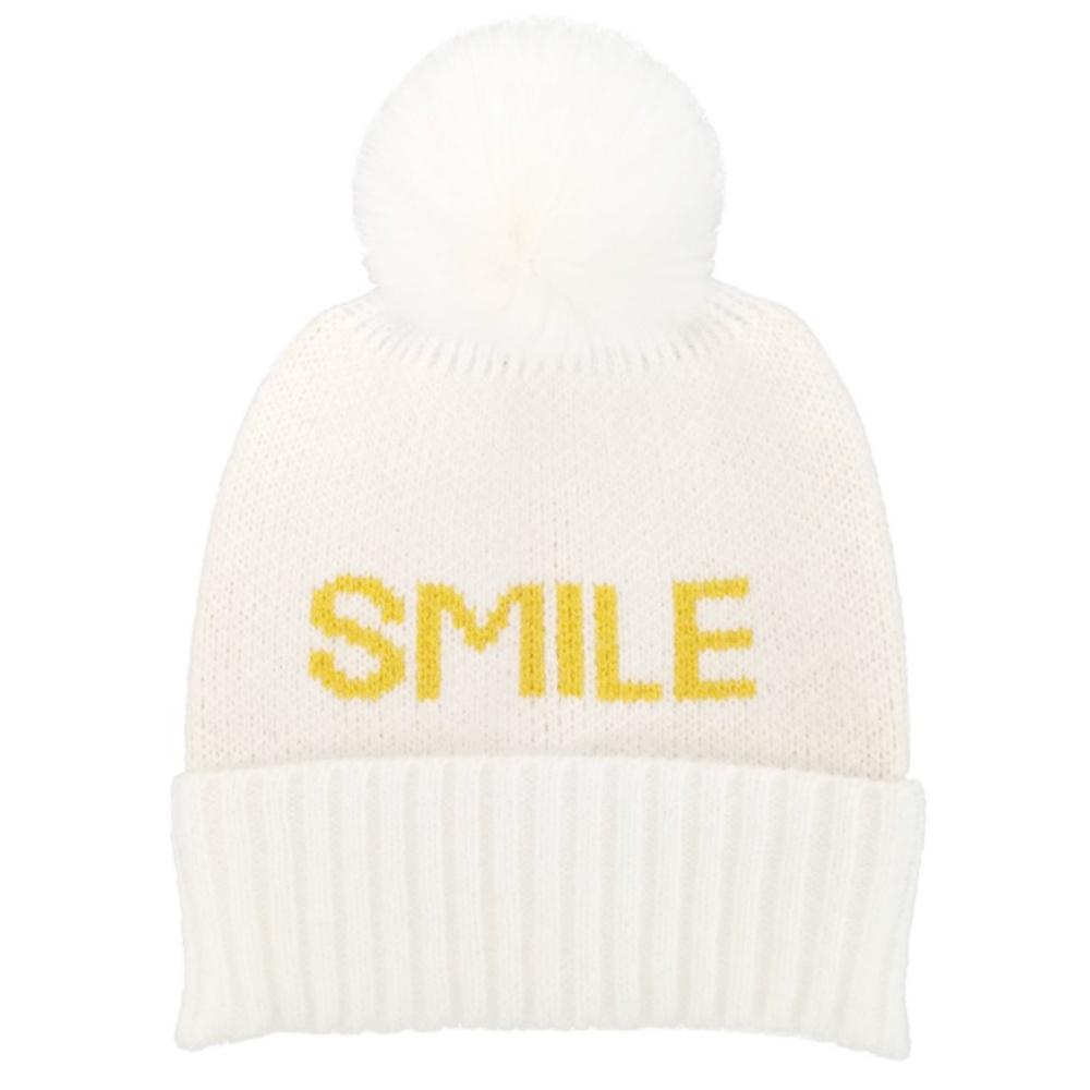 SMILE FAUX FUR POM POM BEANIE HAT